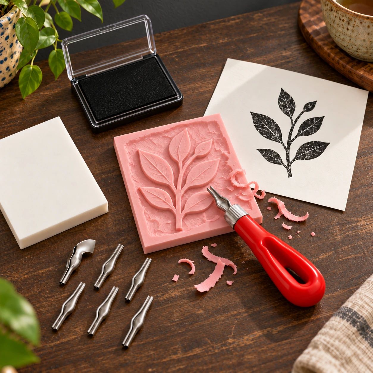 Rubber Stamp Carving Kit on a walnut surface