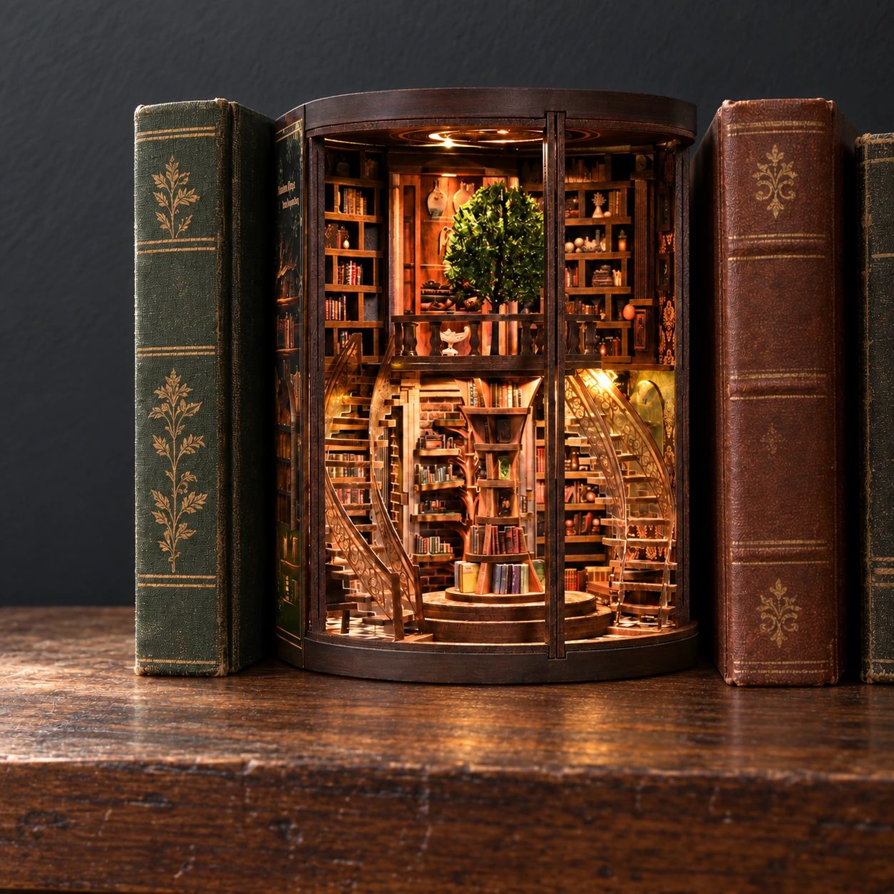Tree Library Book Nook Kit on a walnut surface
