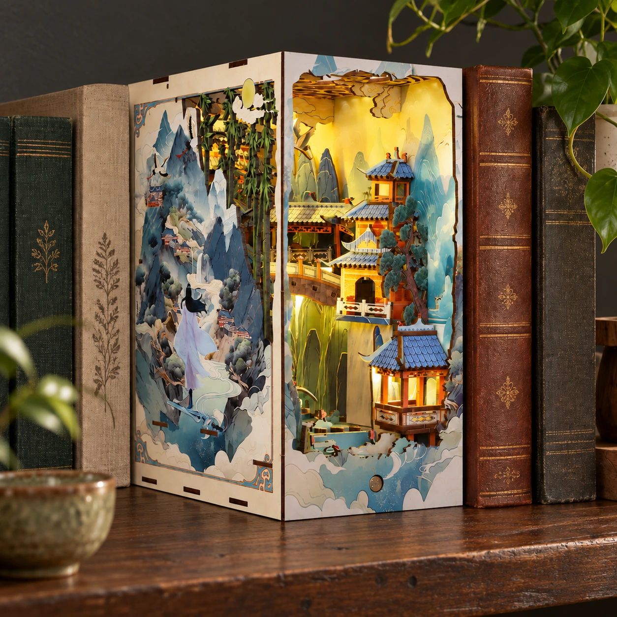 Mountain Village Book Nook Kit on a walnut surface