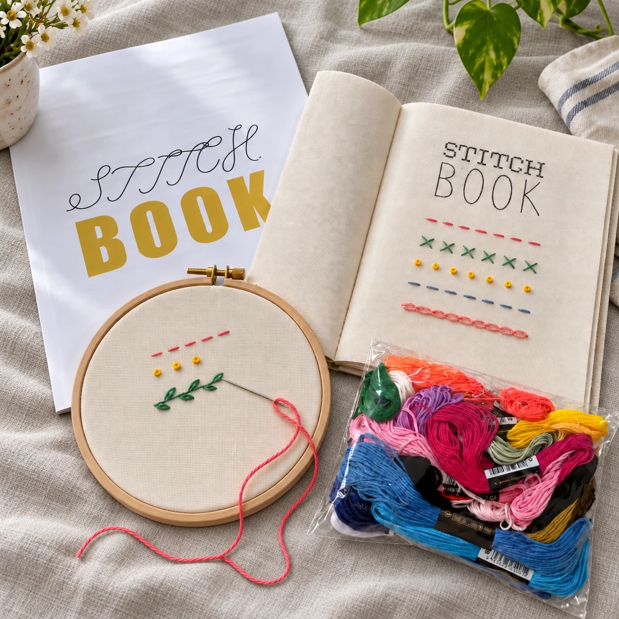 Embroidery Stitch Practice Book on natural oatmeal linen