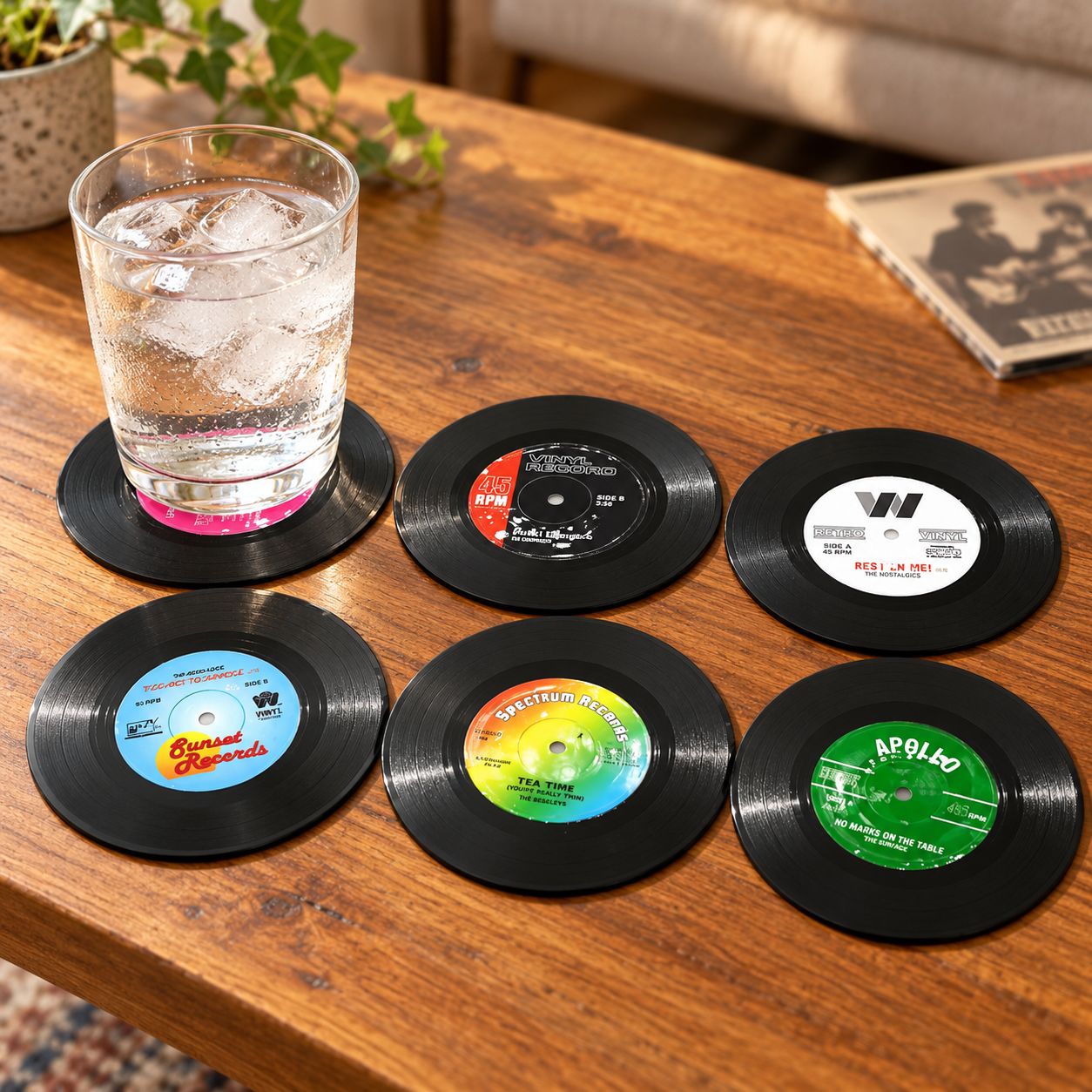 Six vinyl record coasters on a wooden table with a glass on one coaster