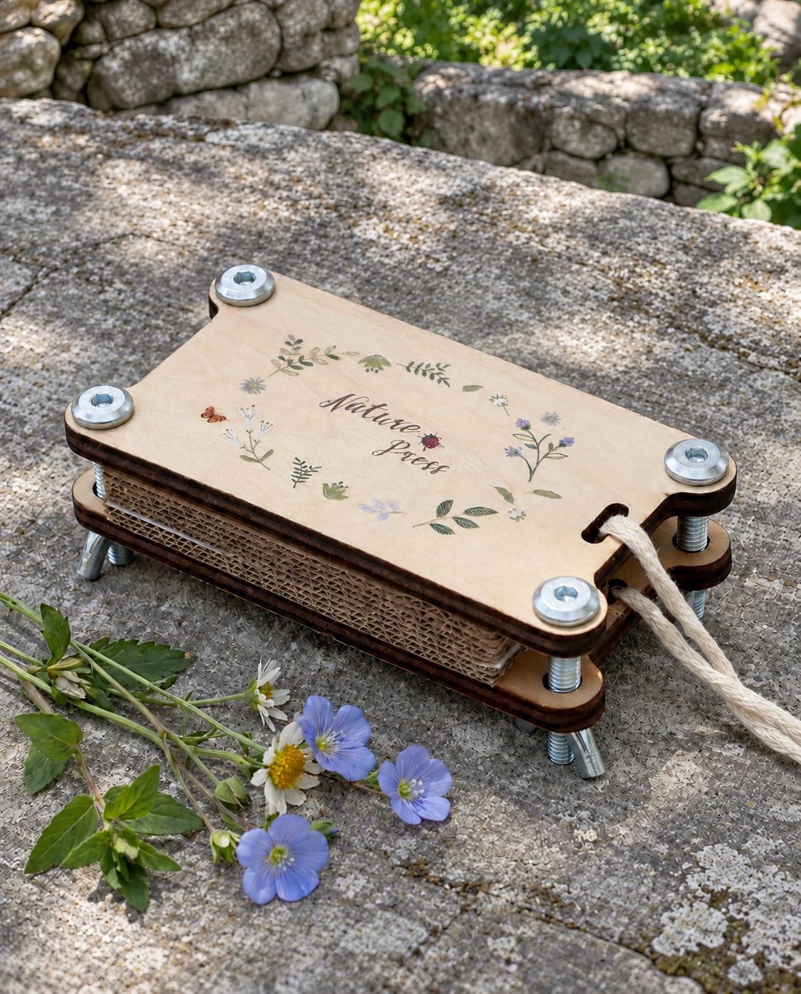 Pocket Flower Press on a shaded stone garden ledge
