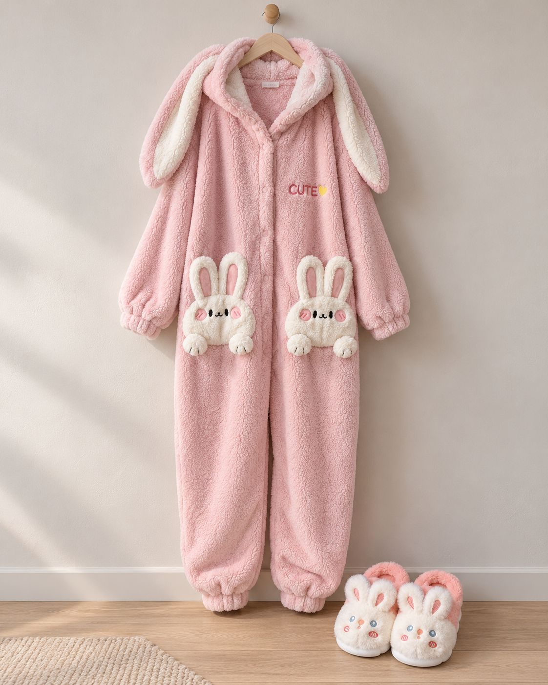 Pink bunny onesie hanging beside its matching bunny slippers
