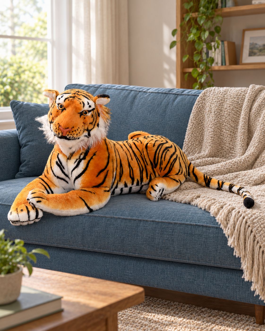 Lying tiger plush on a wooden floor beside a leafy plant