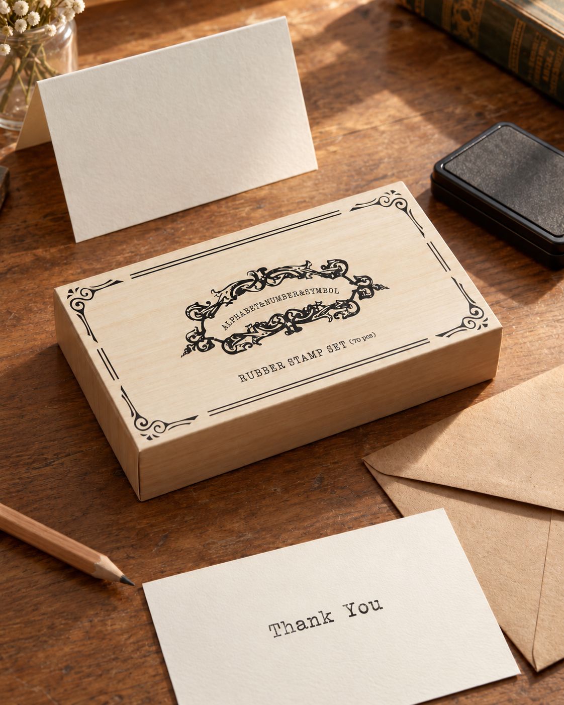 Closed 70-piece alphabet stamp set box arranged for card making