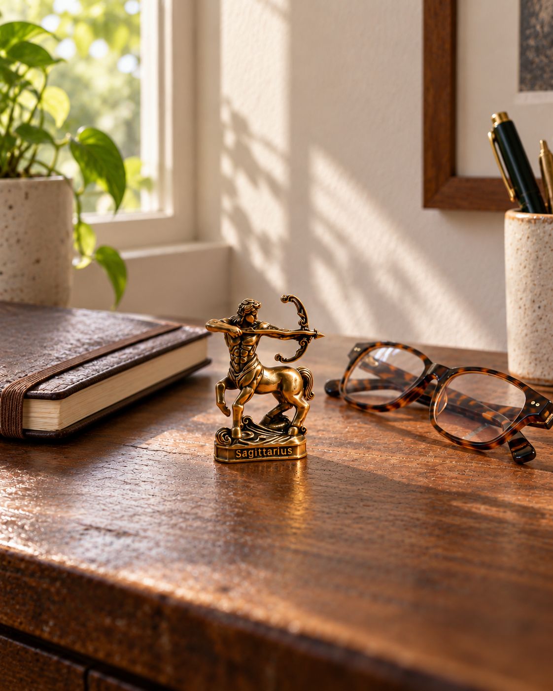 Brass-colored Sagittarius centaur figurine on terracotta tiles beside folded tortoiseshell glasses