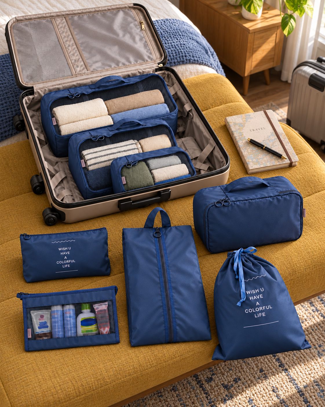 Eight navy packing organizers beside an open suitcase on slate-blue linen