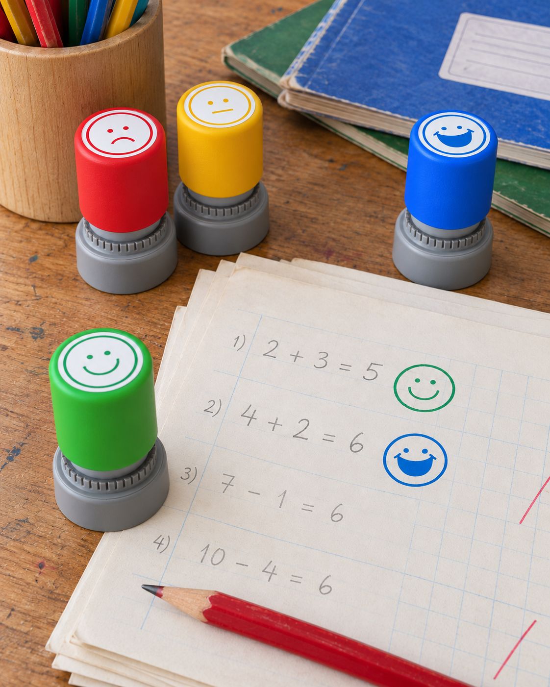 Classroom feedback stamp set beside marked schoolwork