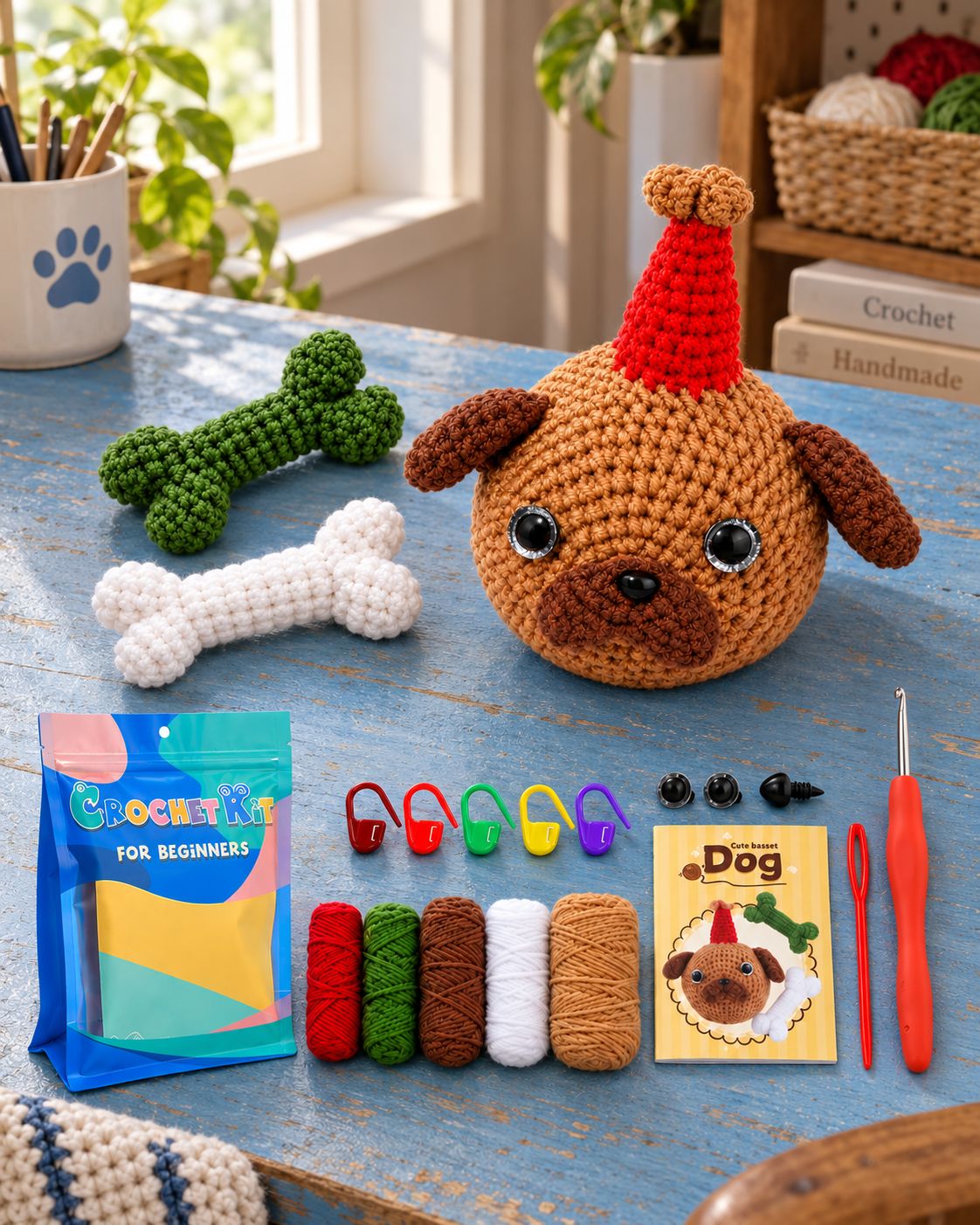 Dog crochet project with a red hat, two bone shapes, five yarn skeins, markers, hook, needle and guide