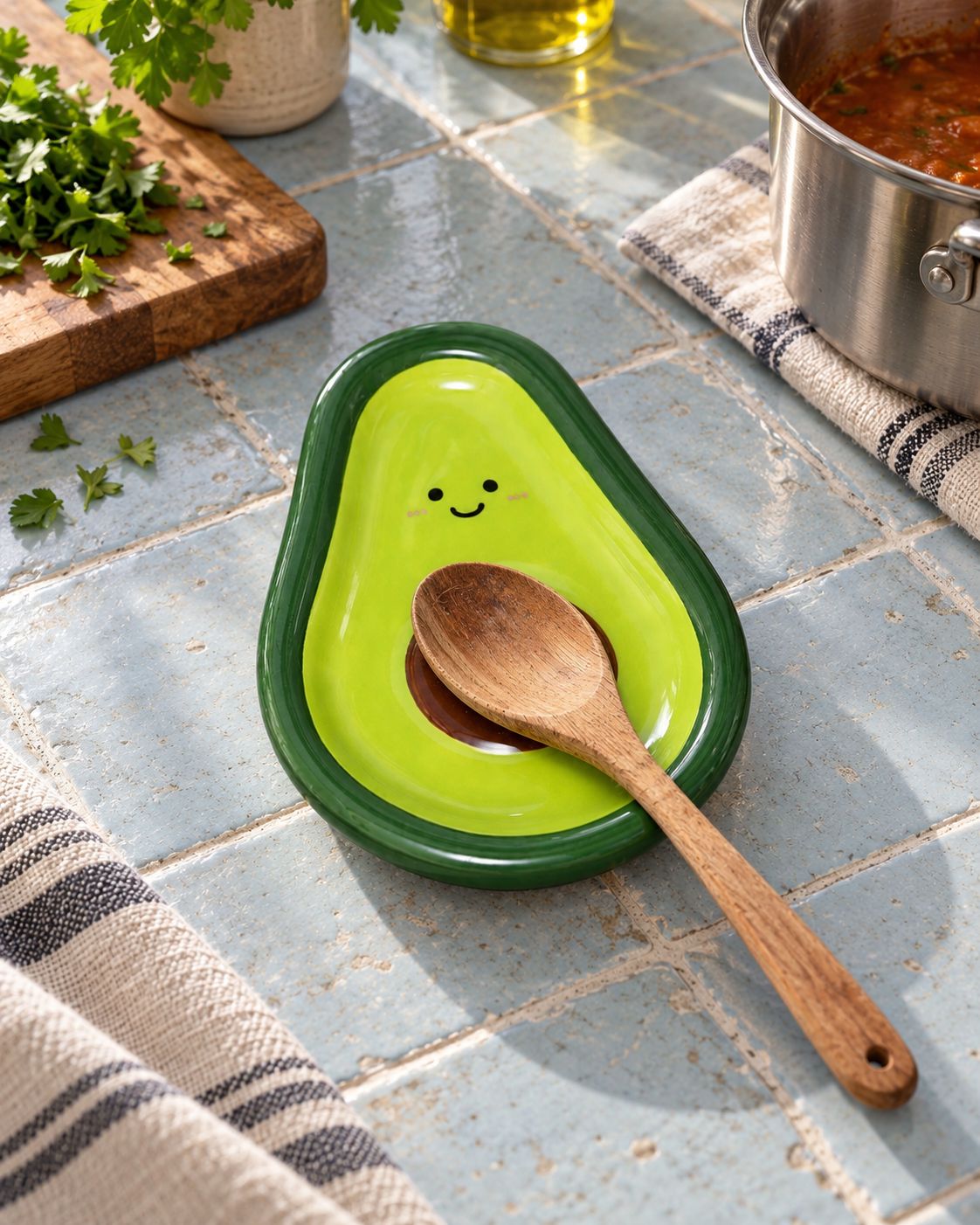 Smiling Avocado Spoon Rest on a cool gray stone surface
