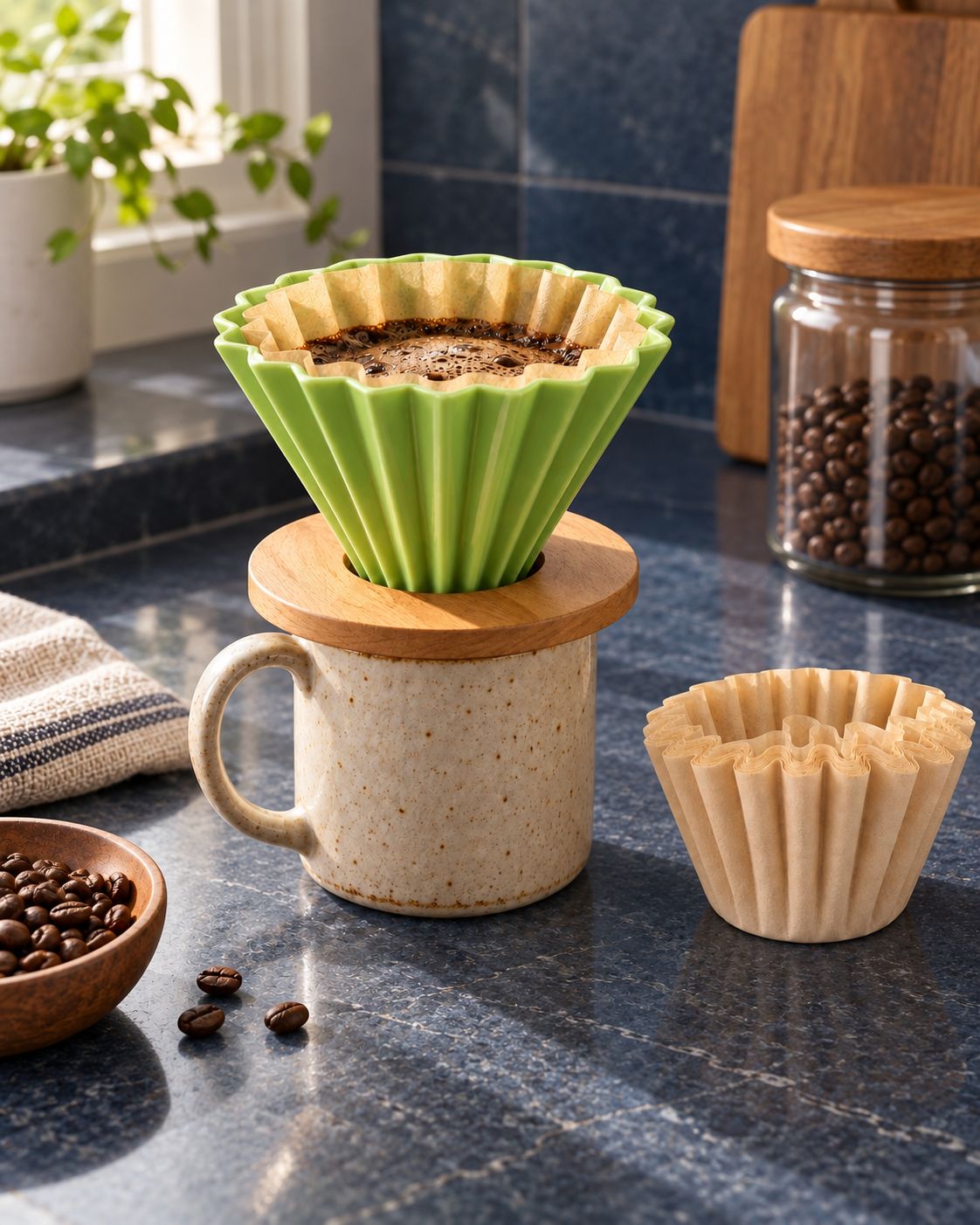 Green Flower Pour-Over Set on a cool gray stone surface