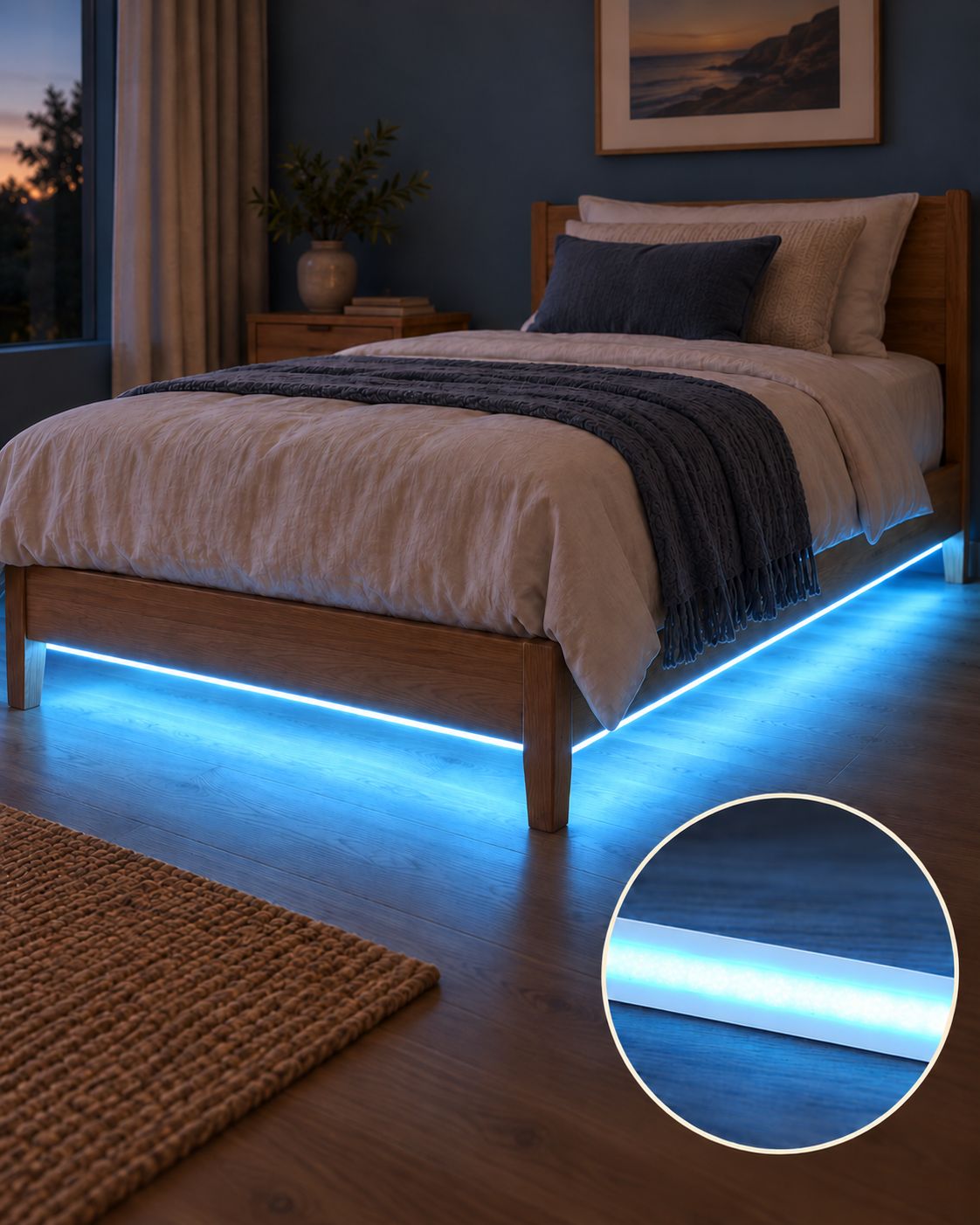 Ice-blue LED strip glowing under a wooden bed frame, with a close-up inset of the strip