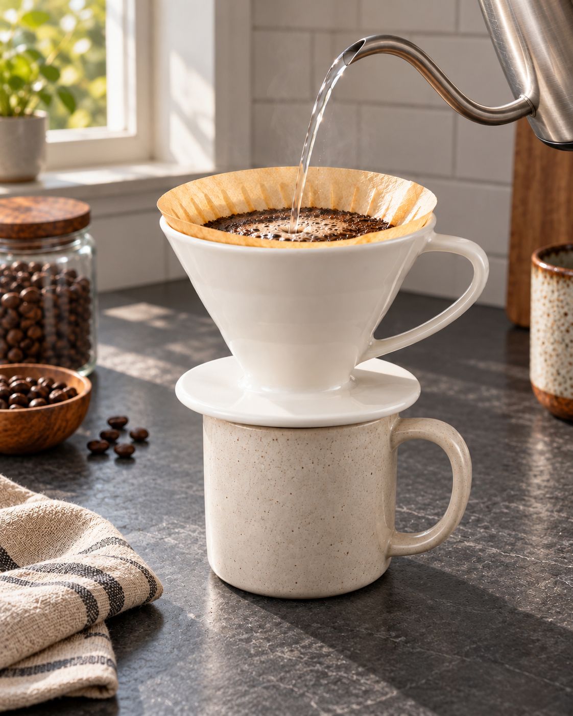 White Ceramic Pour-Over Dripper on a cool gray stone surface
