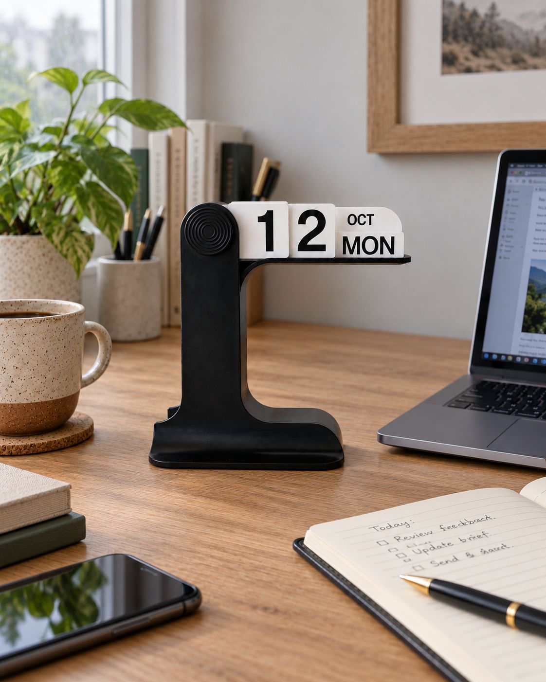 Black Perpetual Desk Calendar on a walnut surface
