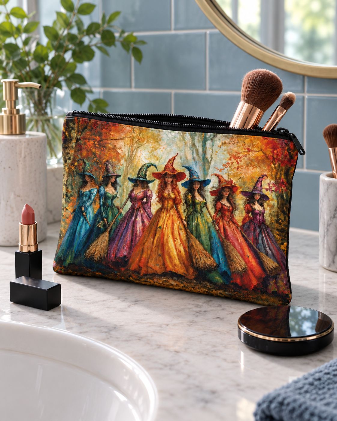 Woodland Witch makeup pouch on muted terracotta matte paper with its existing makeup props.