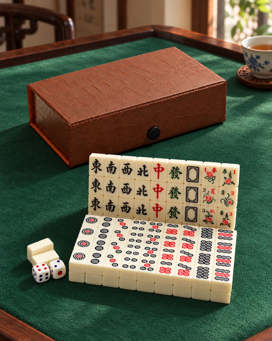 Compact brown mahjong box with cream tiles and two dice on a green felt mahjong table