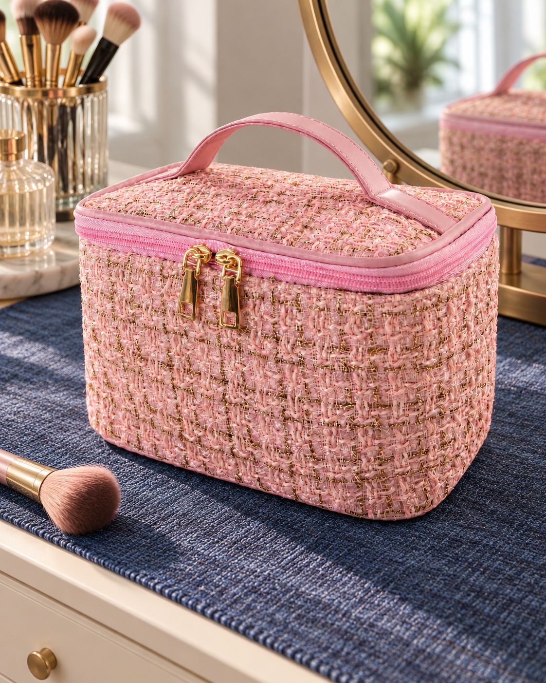 Pink Textured Makeup Case on natural oatmeal linen