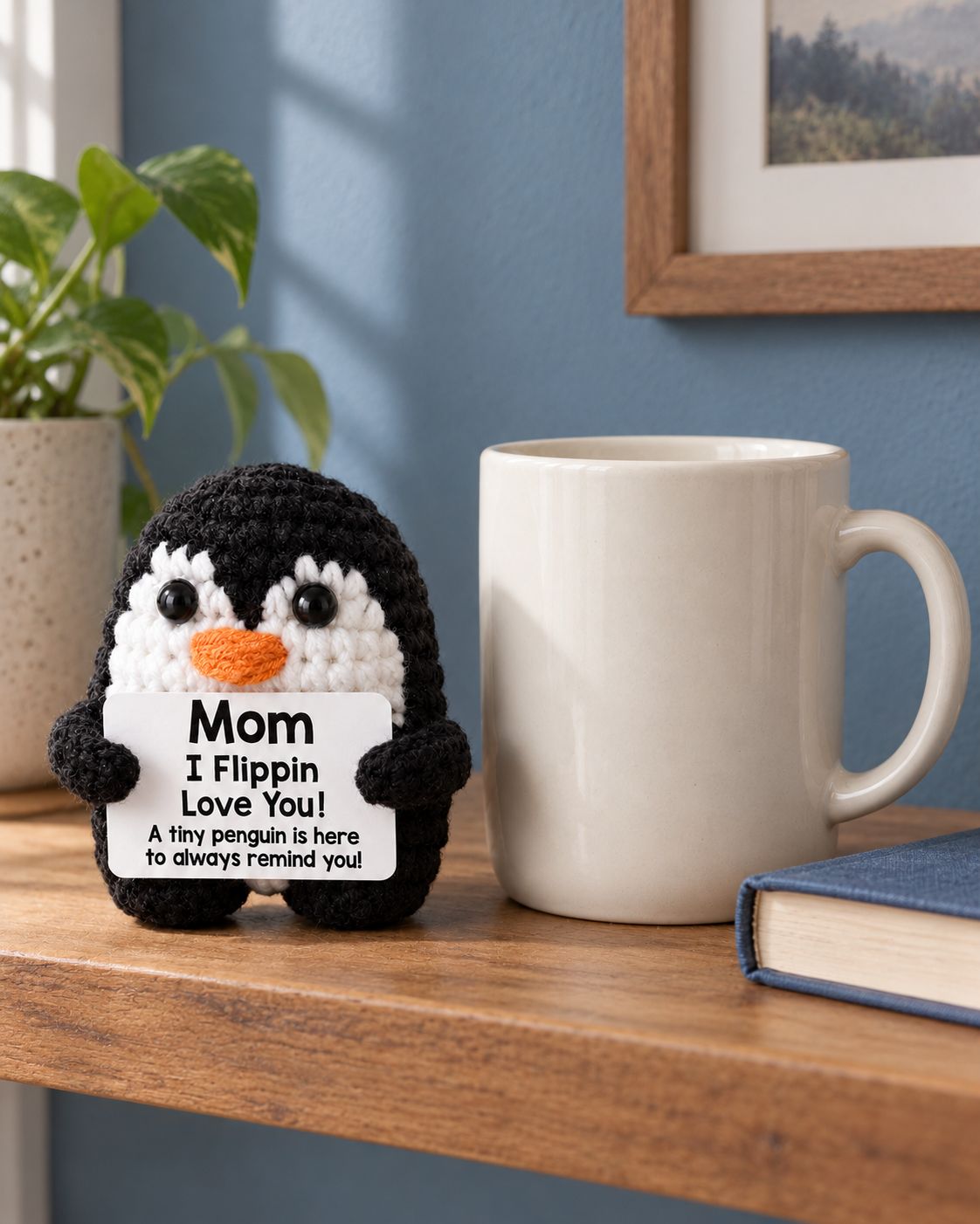 Black and white crochet penguin holding a Mom message card beside a ceramic mug