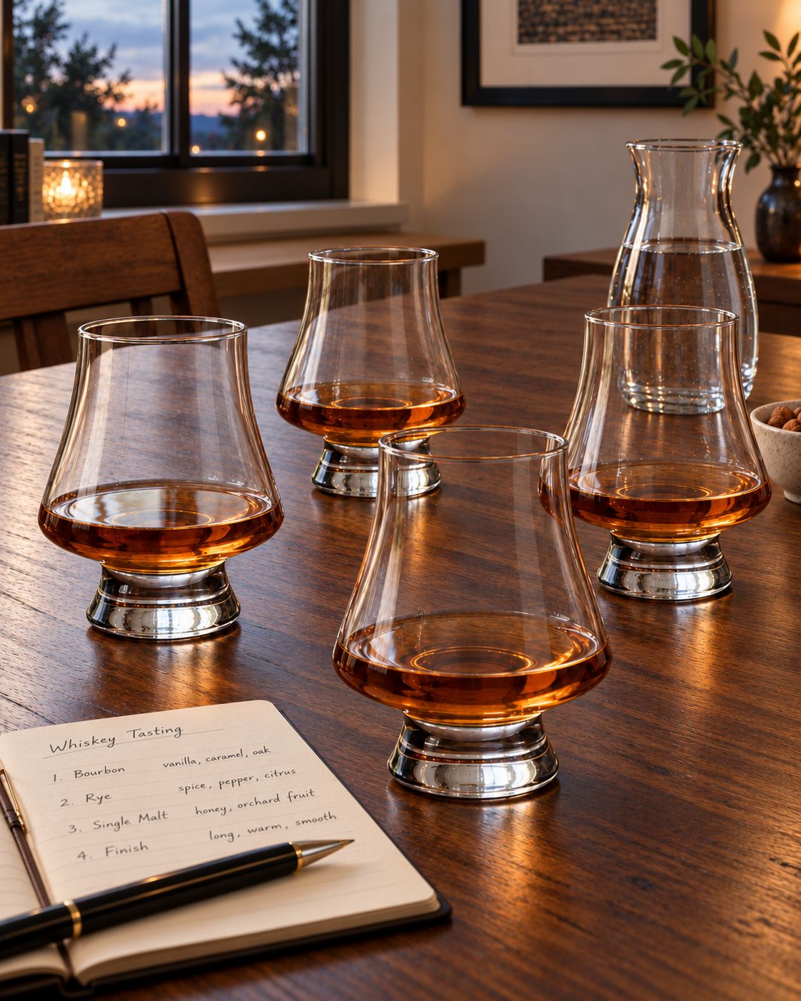 Four clear whiskey tasting glasses with amber pours on a walnut table