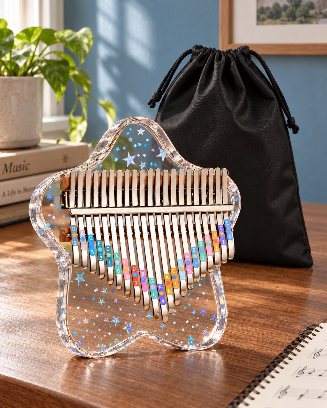 Clear star-shaped kalimba with silver keys beside a black drawstring bag on oatmeal linen