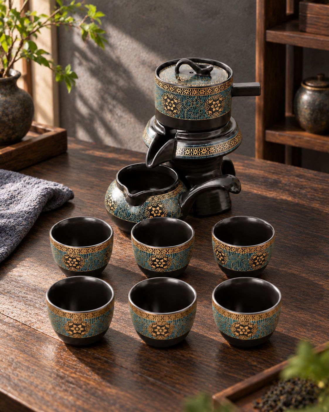 Teal and gold floral tea maker, matching pitcher and six cups on shaded garden stone