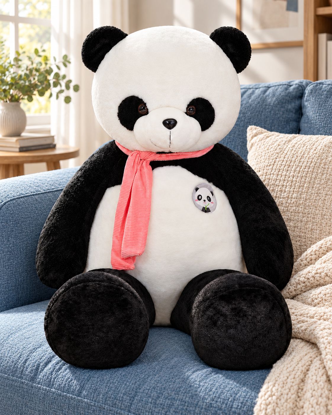 Panda plush with a pink scarf seated on an ivory armchair