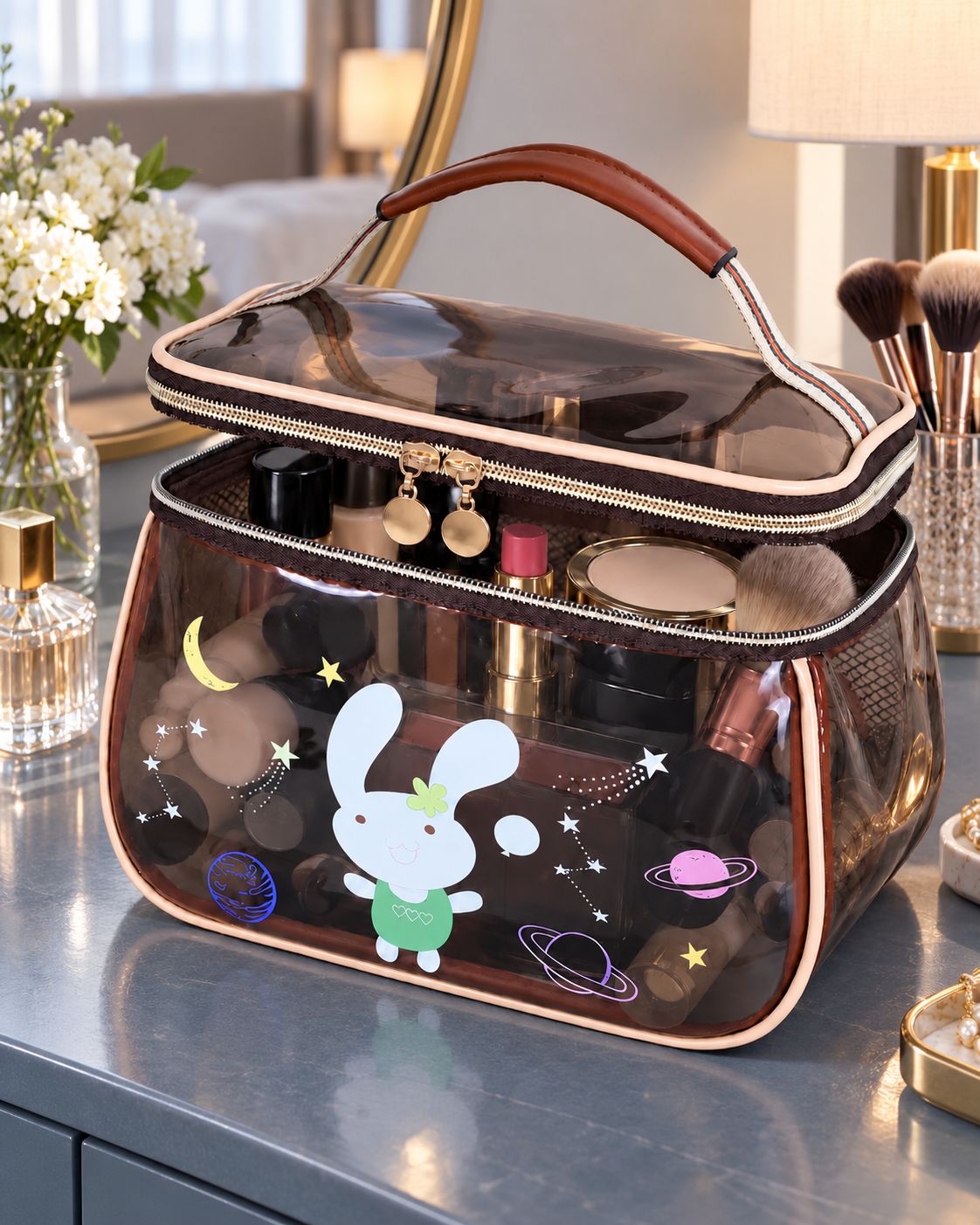 Bunny-print makeup case and contents on muted warm olive linen
