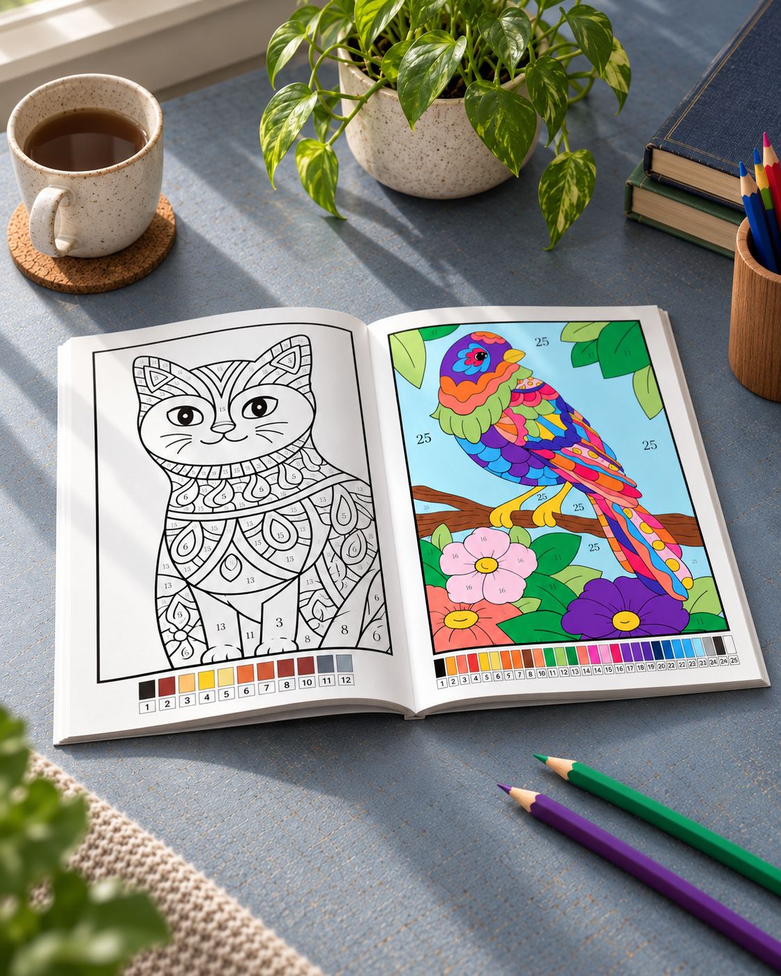 Open Color by Number Book with existing tea and pencils on muted terracotta matte paper.