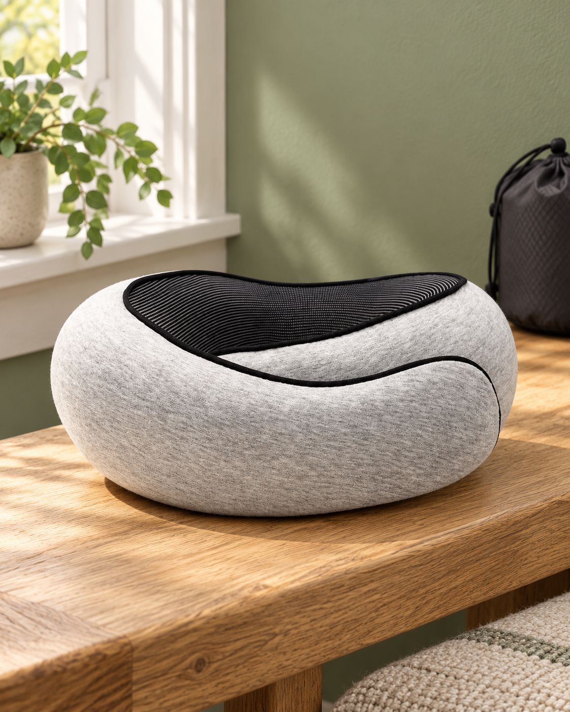 Light-gray wraparound neck pillow resting on a wooden bench by a window