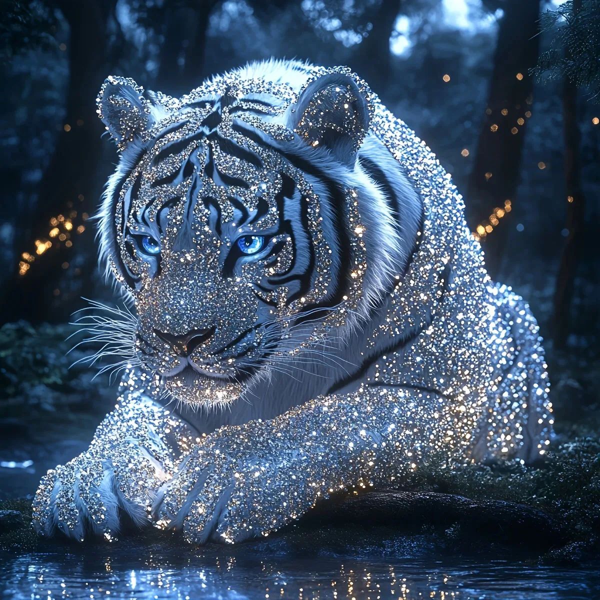 Example of the finished forest tiger diamond painting, a sparkling white tiger by the water at night
