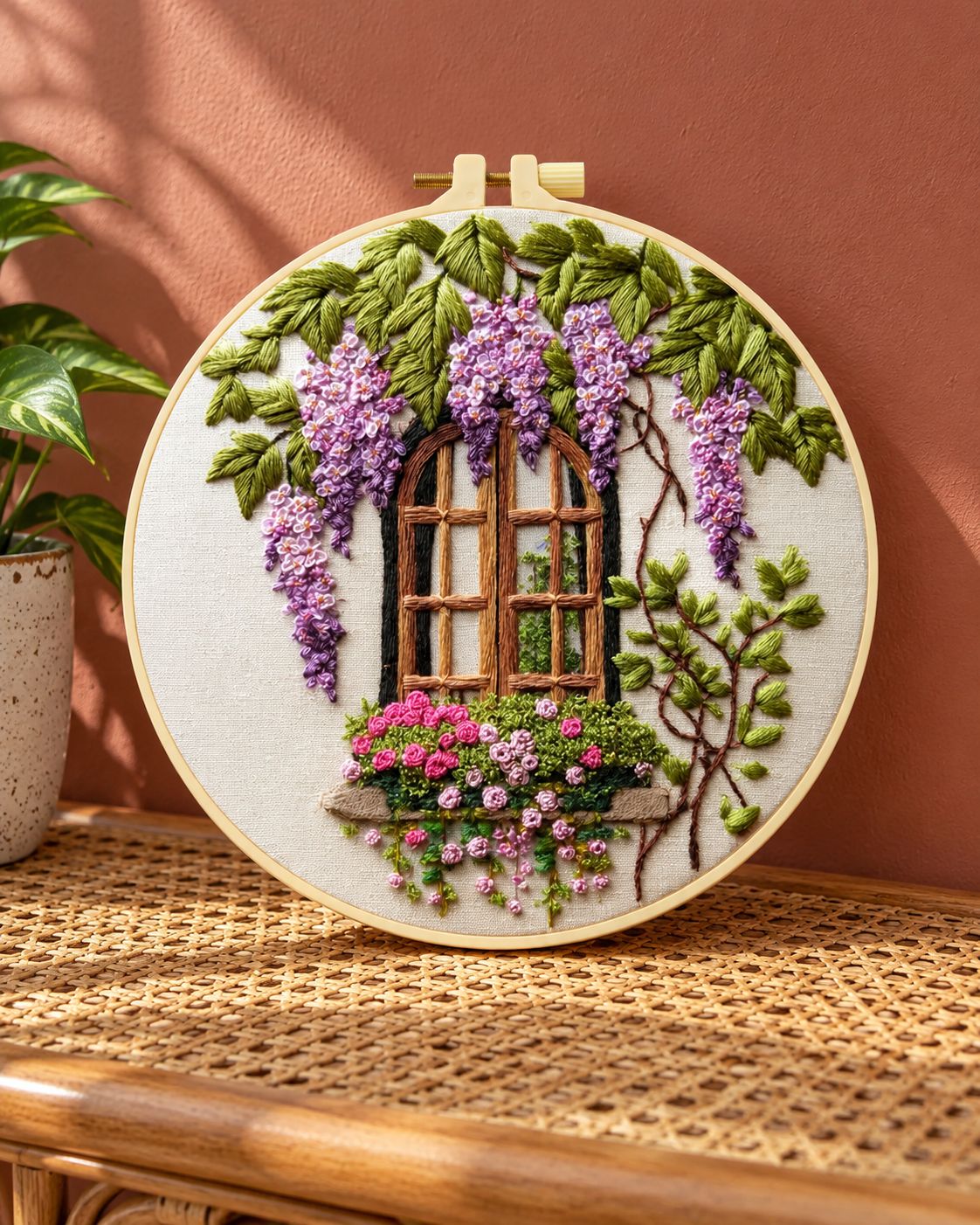 Example of the finished wisteria window embroidery in its hoop, with purple blossoms around an arched window