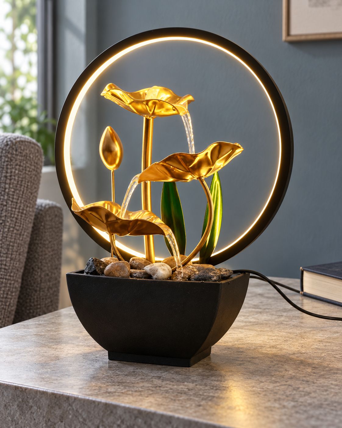 Tabletop fountain with gold-tone leaves inside a lit ring, water running into a stone-filled black basin