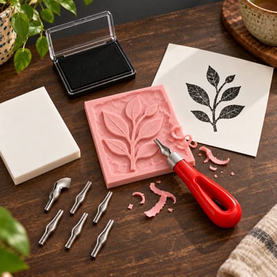 Rubber Stamp Carving Kit on a walnut surface