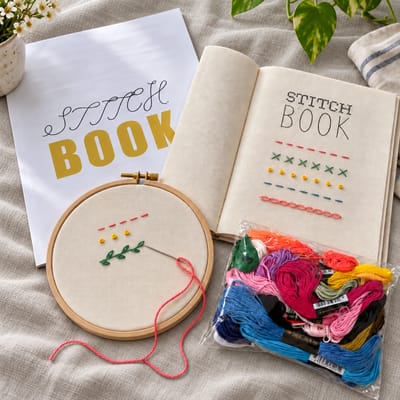 Embroidery Stitch Practice Book on natural oatmeal linen