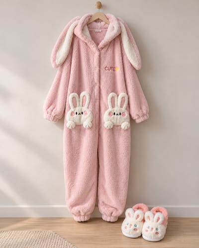 Pink bunny onesie hanging beside its matching bunny slippers