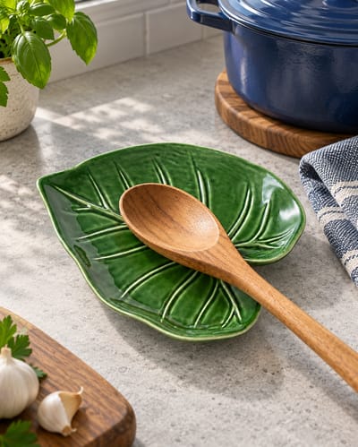 Green Leaf Spoon Rest on a cool gray stone surface