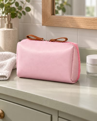 Pink Compact Makeup Bag in a slate-blue linen setting
