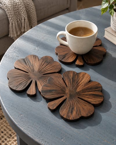 Four flat wooden clover coasters in warm afternoon light