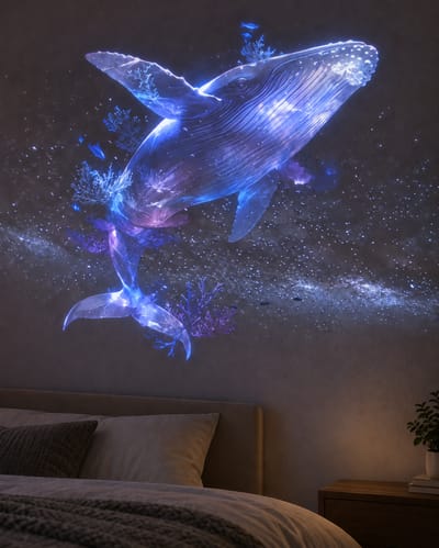 Whale pattern projected above a bed