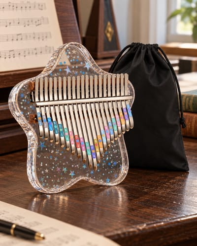 Star 21-Key Kalimba on oatmeal linen, with blue/silver stars visible through its clear body