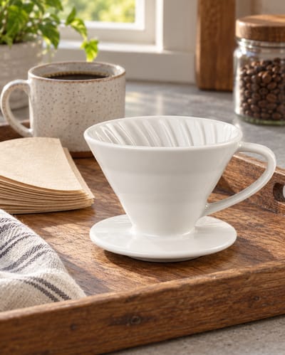 White Ceramic Pour-Over Dripper on a cool gray stone surface