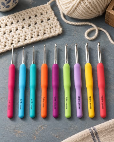 Color-Handled Crochet Hook Set against a muted matte-paper background