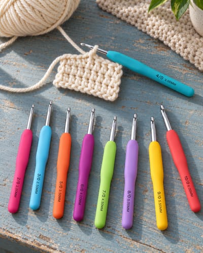 Close view of a turquoise crochet hook in a yarn swatch above the other eight hooks