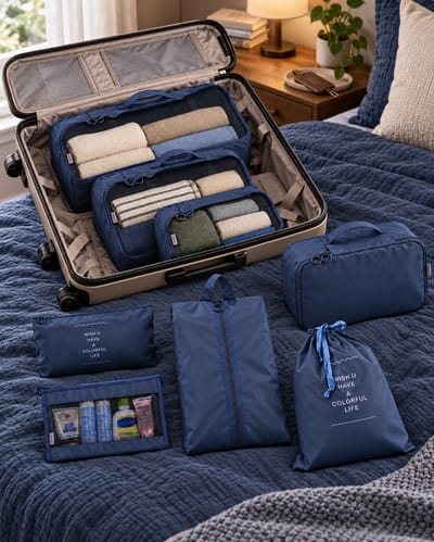 Navy Packing Cube Set in a slate-blue linen setting