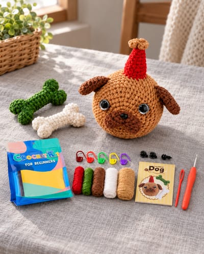 Dog Crochet Kit in a slate-blue linen setting
