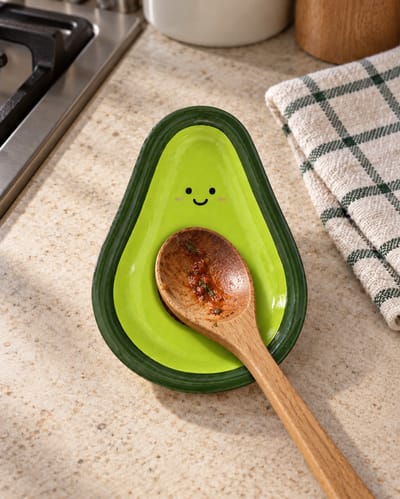 Smiling Avocado Spoon Rest against a muted matte-paper background