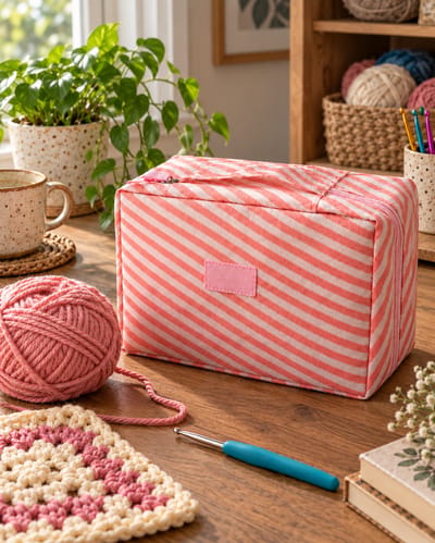 Pink Stripe Crochet Starter Set in a slate-blue linen setting