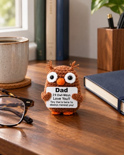 Brown crochet owl holding a Dad message card on a linen shelf in front of books