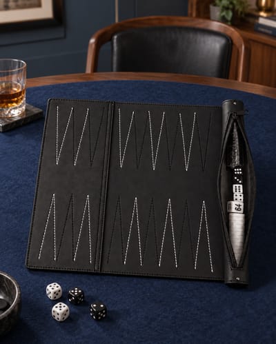 Black Roll-Up Backgammon Set against a muted matte-paper background