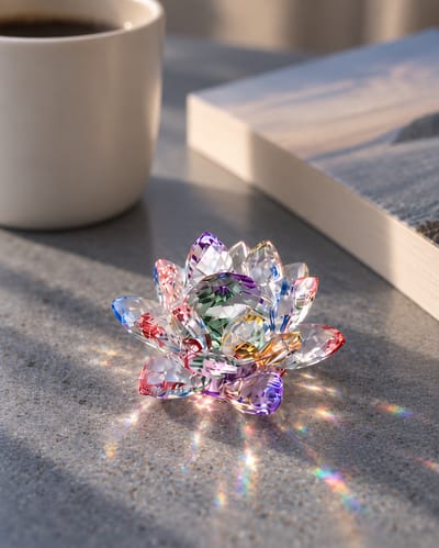 Multicolor faceted glass lotus on stone beside a mug and closed book